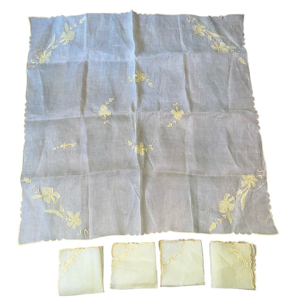 Vintage Hand Embroidered Bridge Card Tablecloth34" + 4 Napkins Square Yellow 11"
